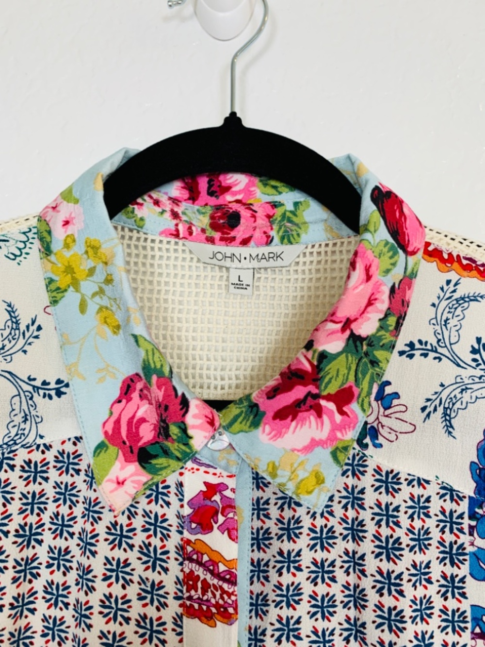 John Mark Button Up Shirt Large Embroidered Floral Patchwork Crochet Boho Lace - Picture 3 of 16